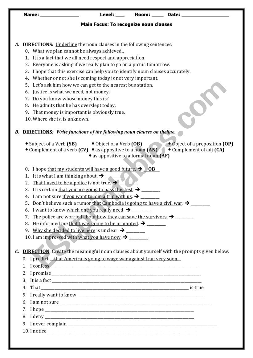 Noun Clause Worksheet 1 worksheet