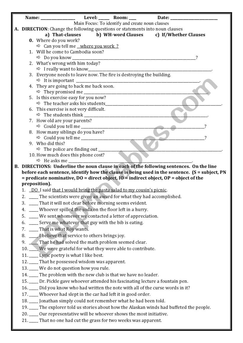 Noun Clause Worksheet 2 worksheet