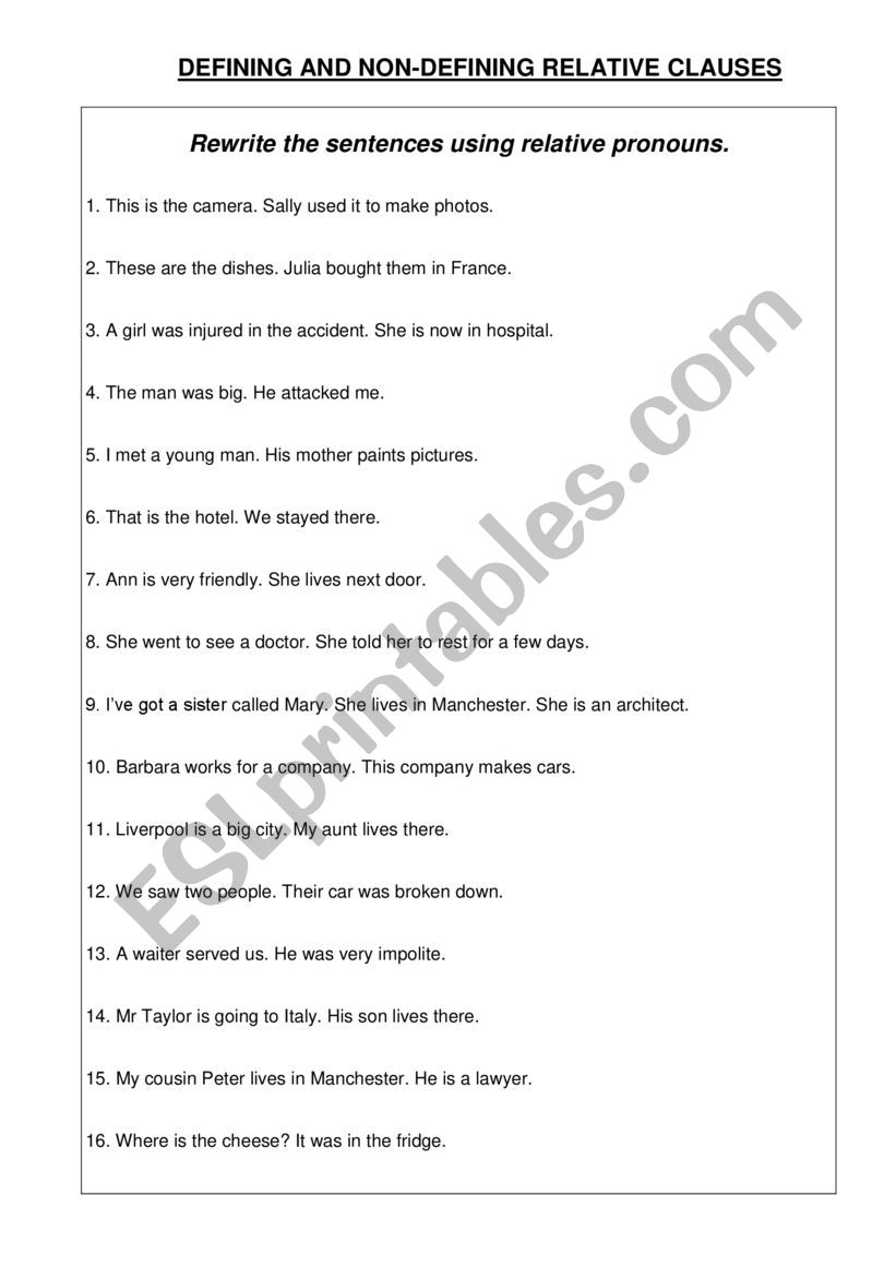 REWRITE SENTENCES USING RELATIVE PRONOUNS ESL Worksheet By Fragg