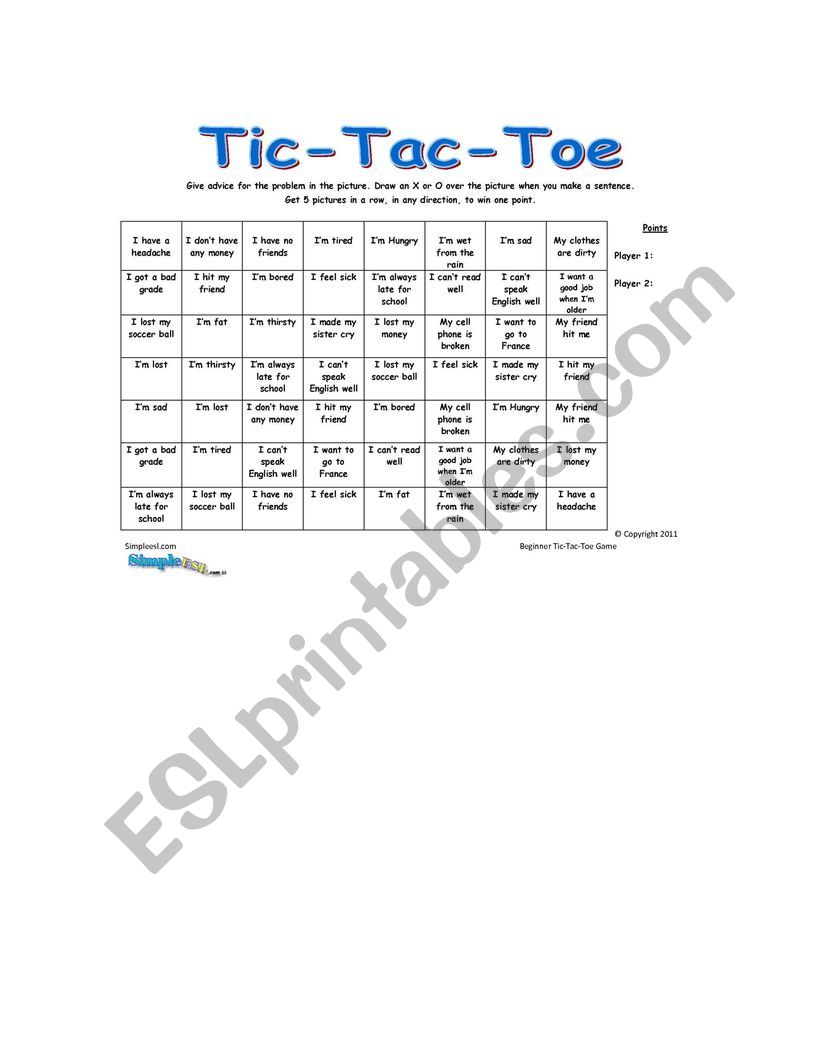 Tic Tac Toe worksheet