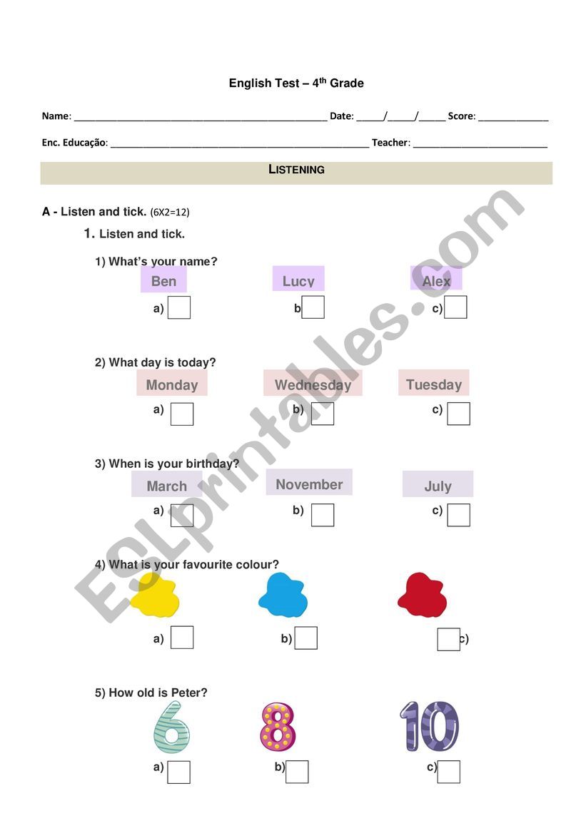 Test of English worksheet