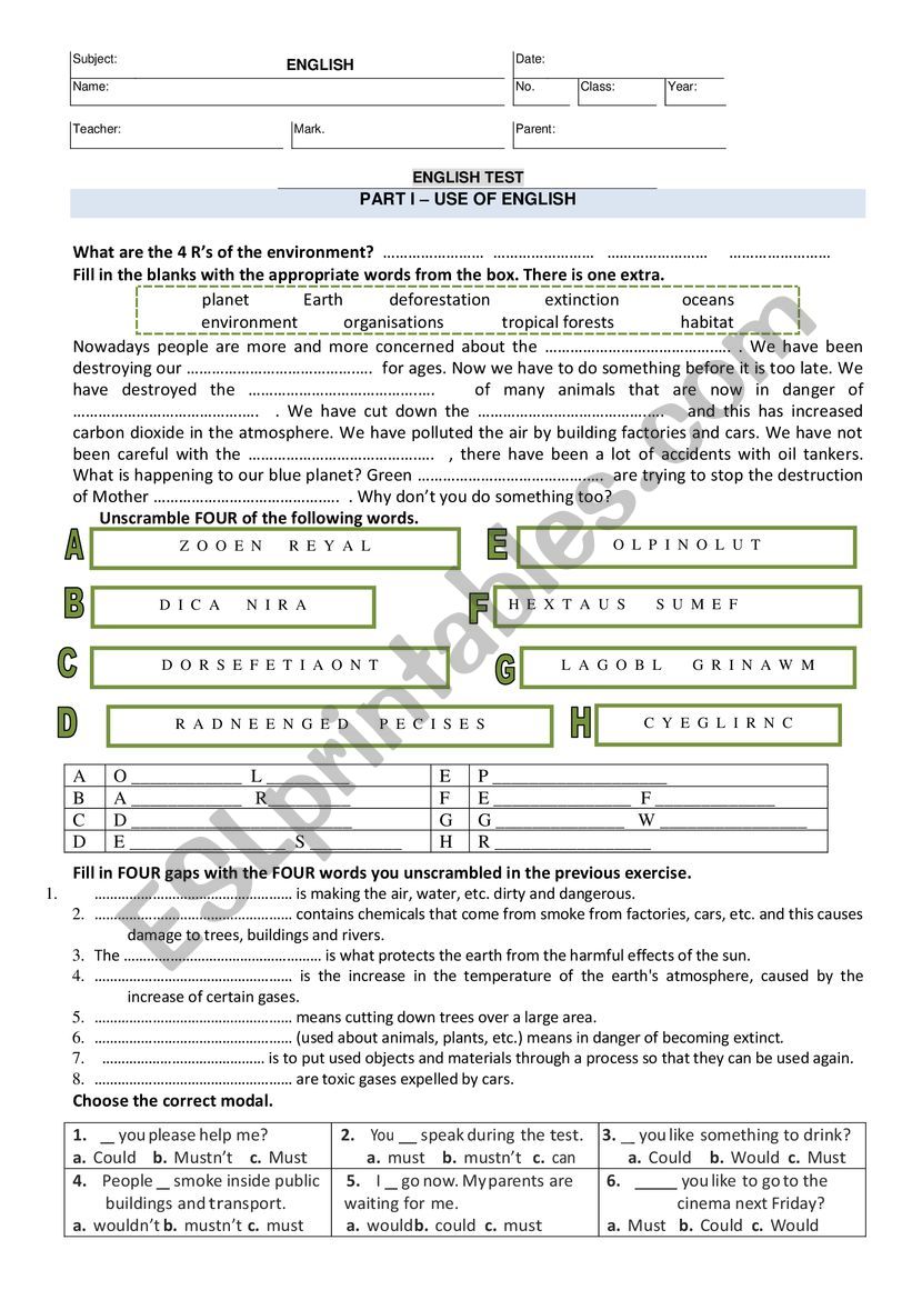 8th grade test on the environment