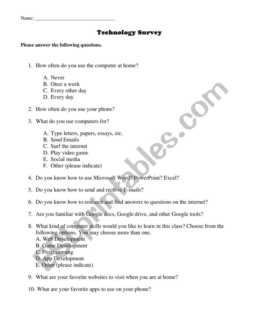Technology Survey worksheet