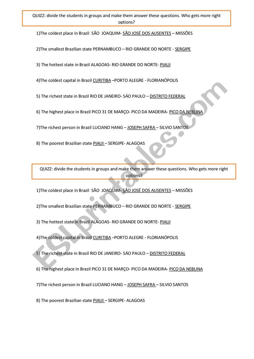 Quizz Superlative Brazil worksheet