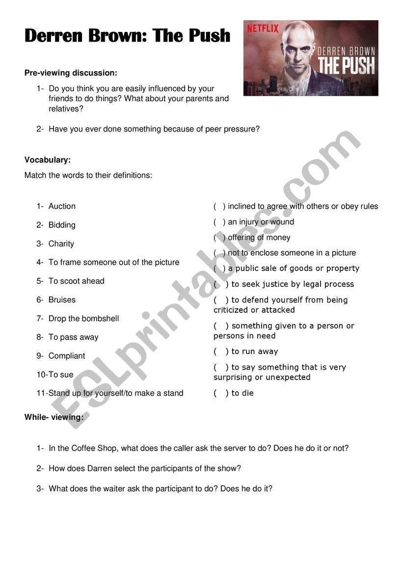 DERREN BROWN - THE PUSH worksheet
