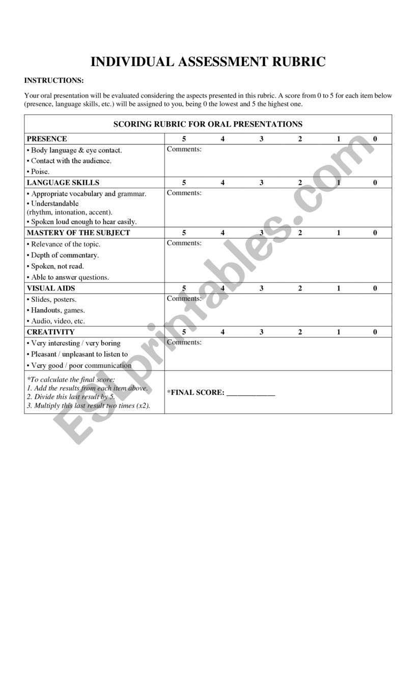 Speaking rubric worksheet