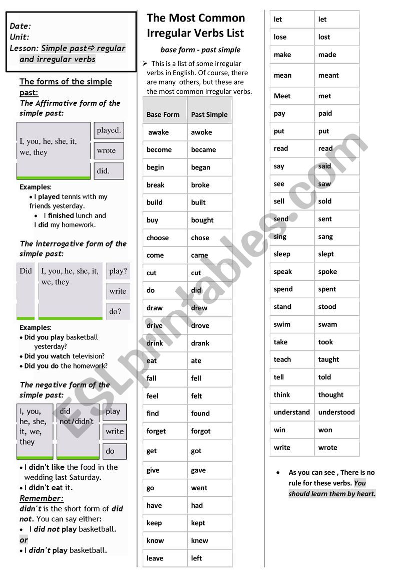 Simple past: regular and irregular verbs worksheet