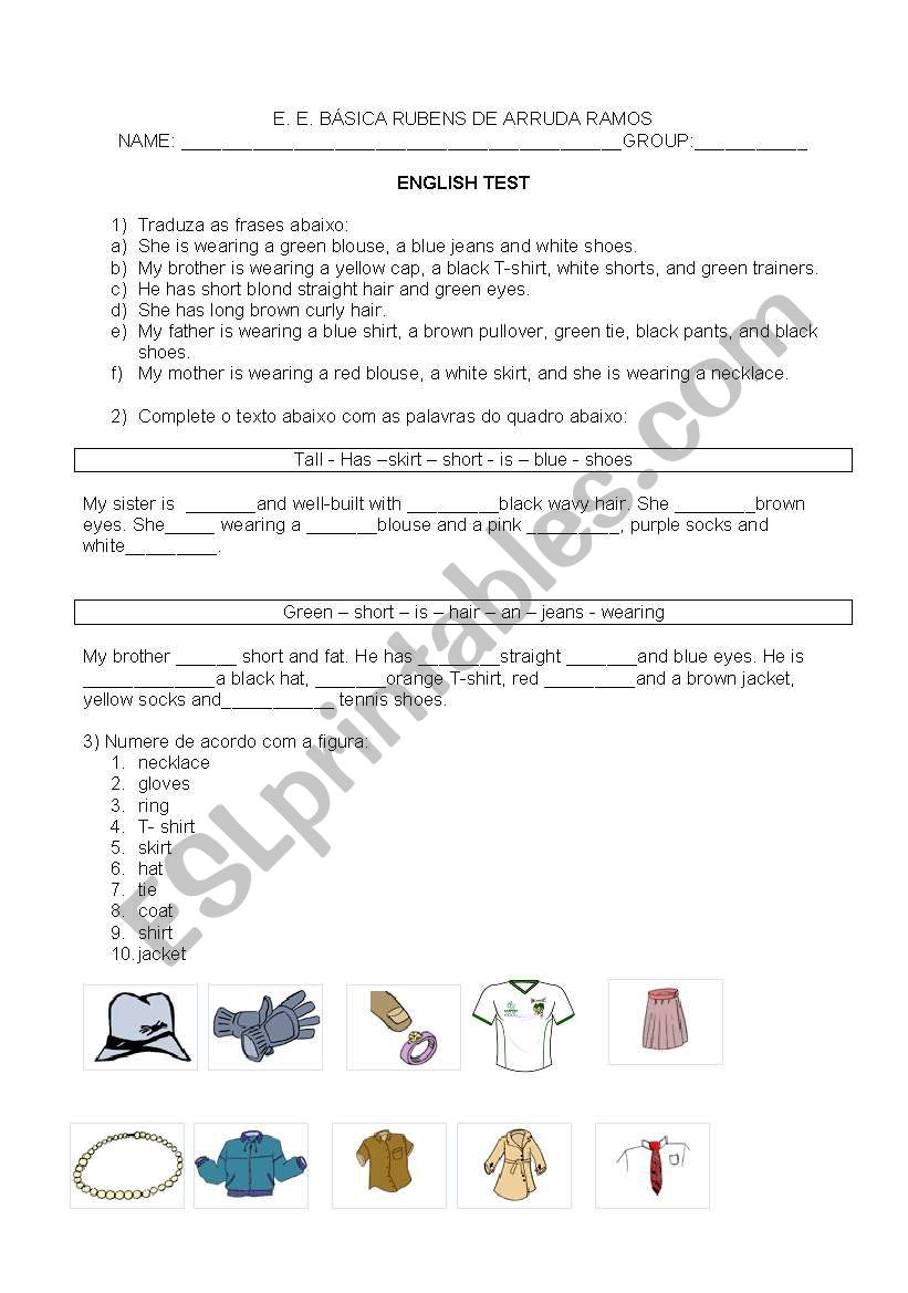 english test about clothing worksheet