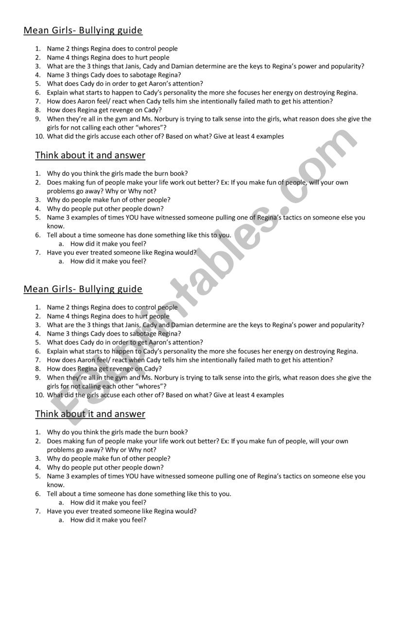 Mean Girls Movie Analysis worksheet