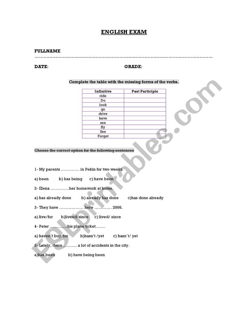 Present perfect Test worksheet