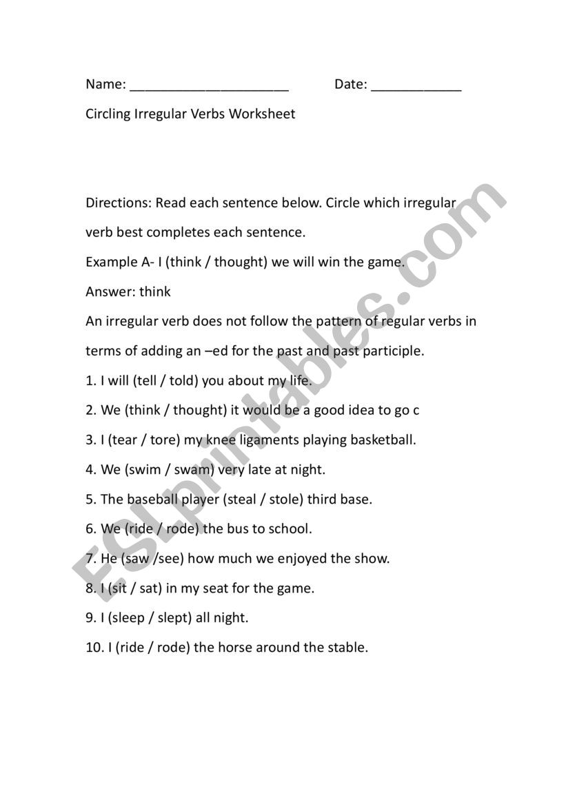 Circling Irregular Verbs worksheet