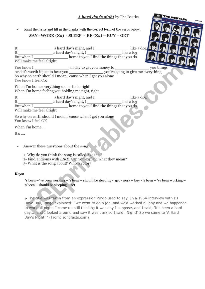 A hard days night worksheet