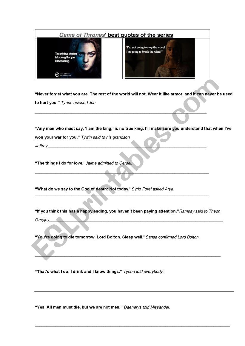 Game of Thrones quotes worksheet