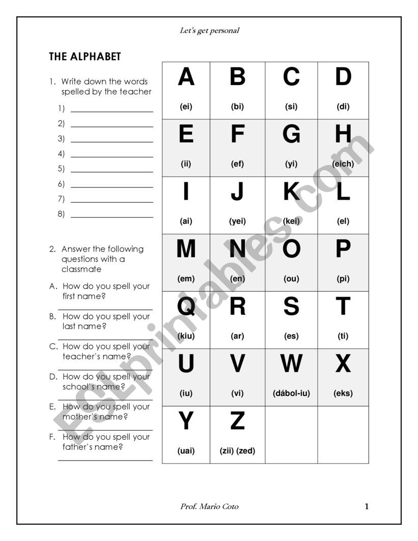 My Personal information  worksheet