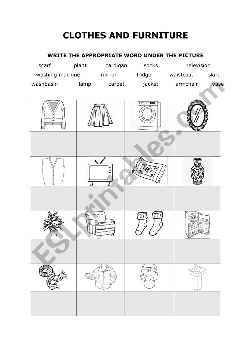 Clothes and furniture worksheet
