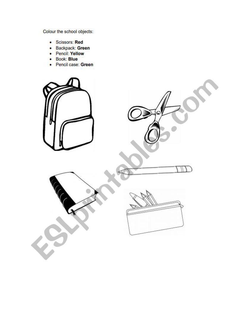 School objects for kinder worksheet