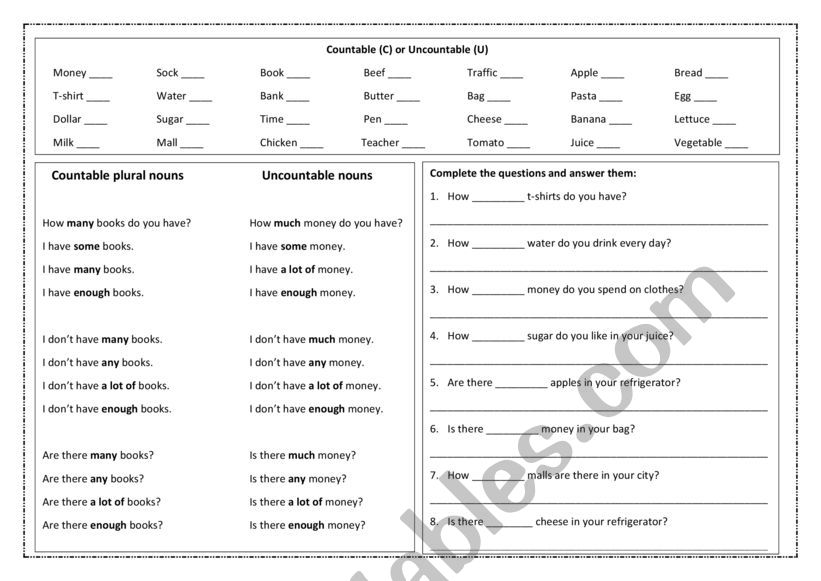 QUANTIFIERS WITH COUNTABLE AND UNCOUNTABLE NOUNS