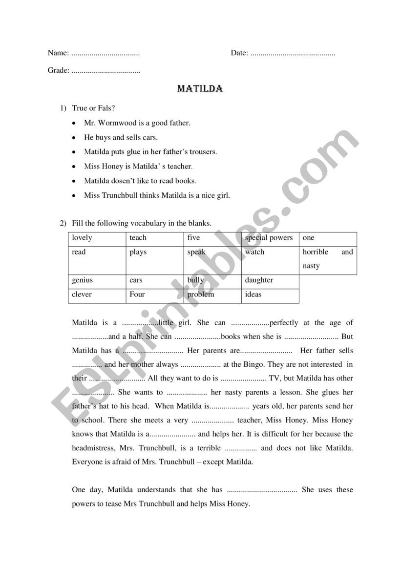 Matilda (Movie acticity)  worksheet