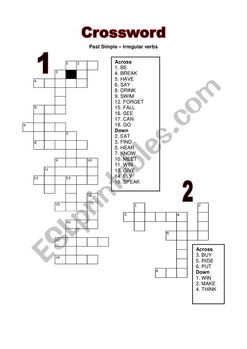 Past Simple  Irregular verbs activity: crossword