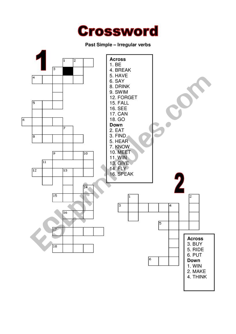 Past Simple Irregular Verbs Activity Crossword ESL Worksheet By