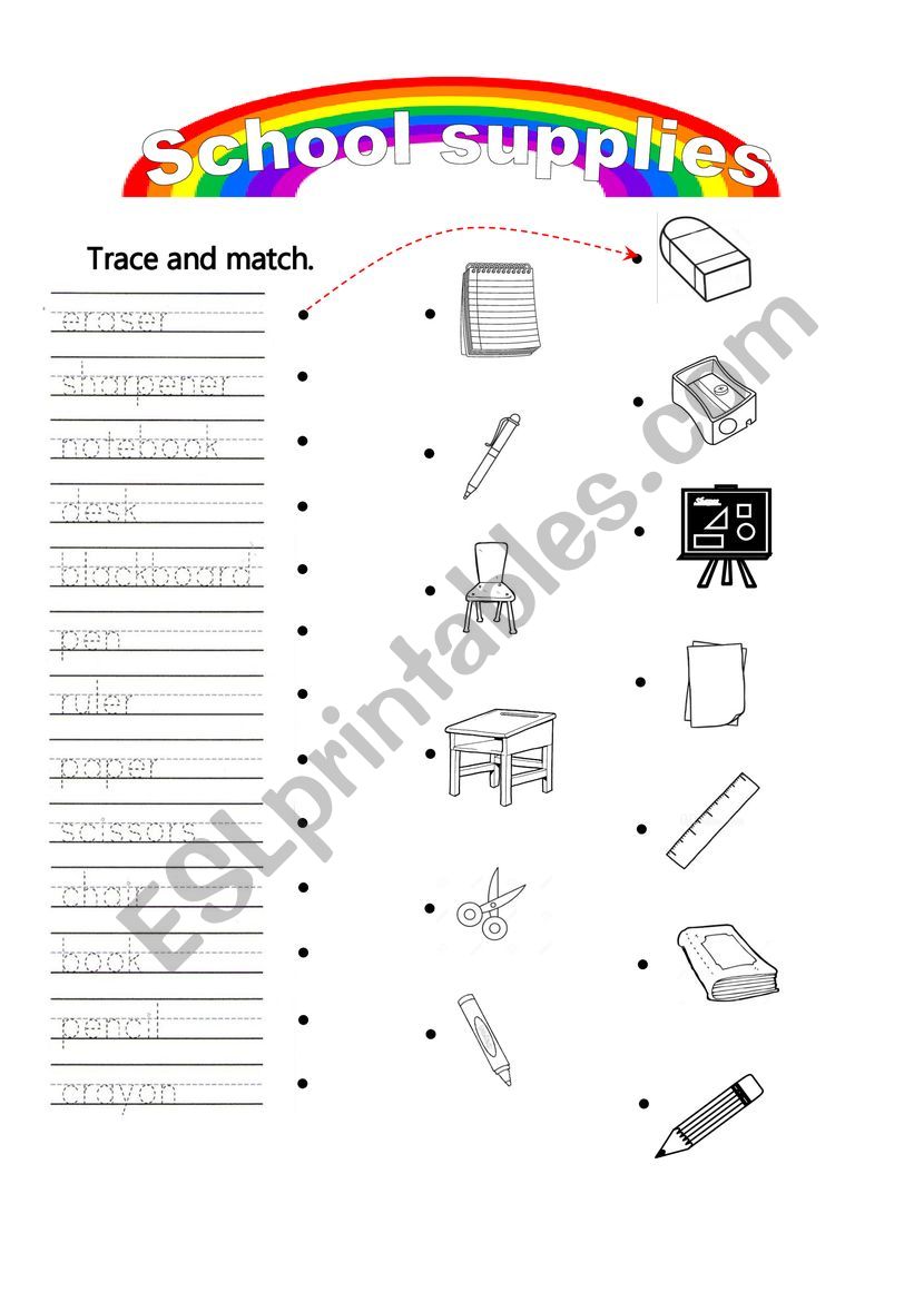 School supplies trace and match