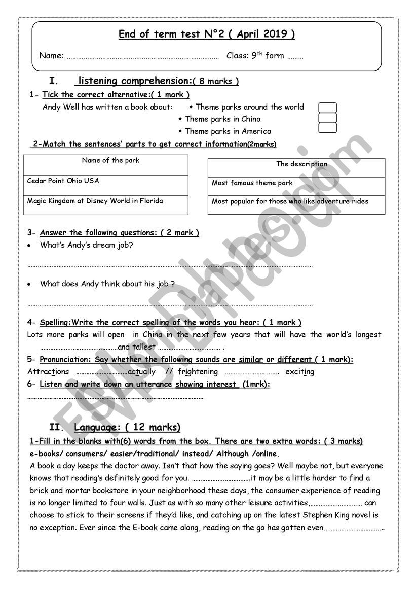  9 th form mid term test n3 tunisian pupils 