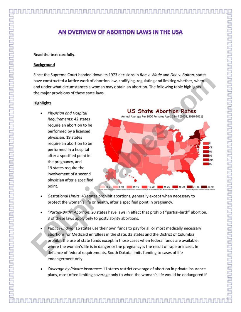 Abortion Law in the USA - Reading and conversation 