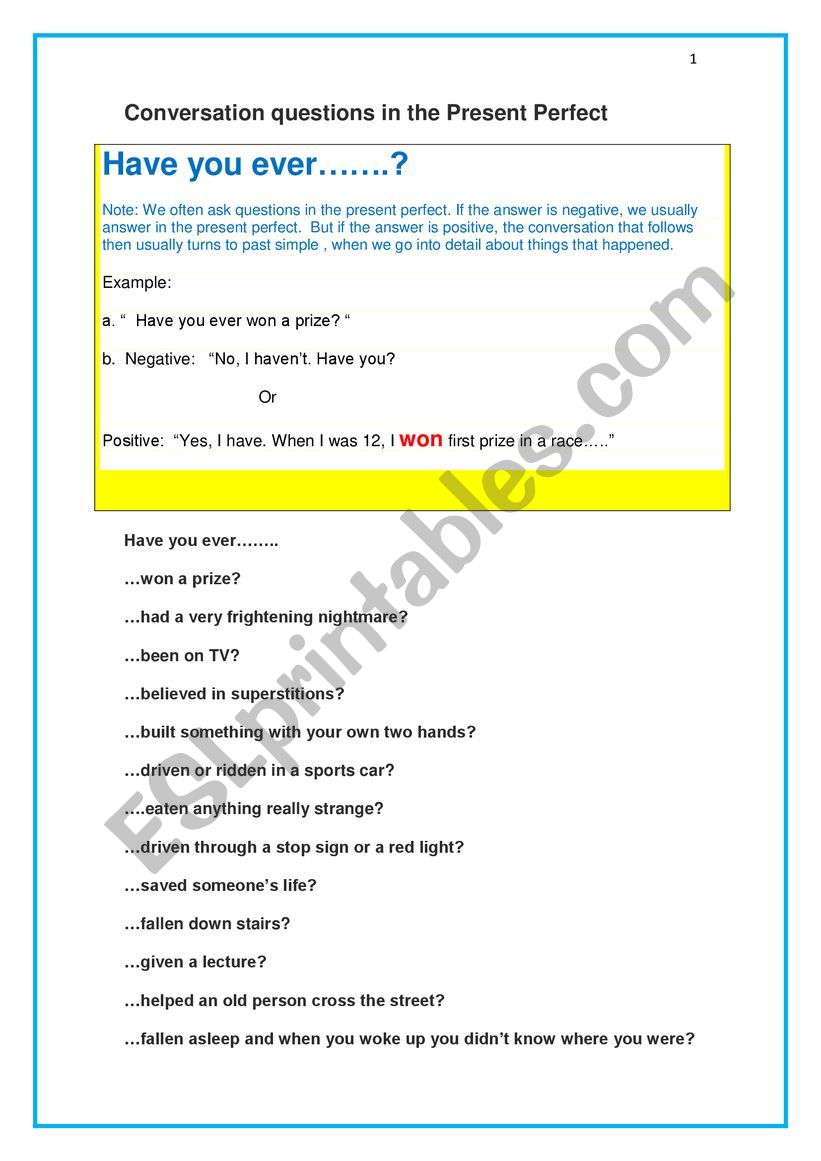 Conversation questions in the Present Perfect