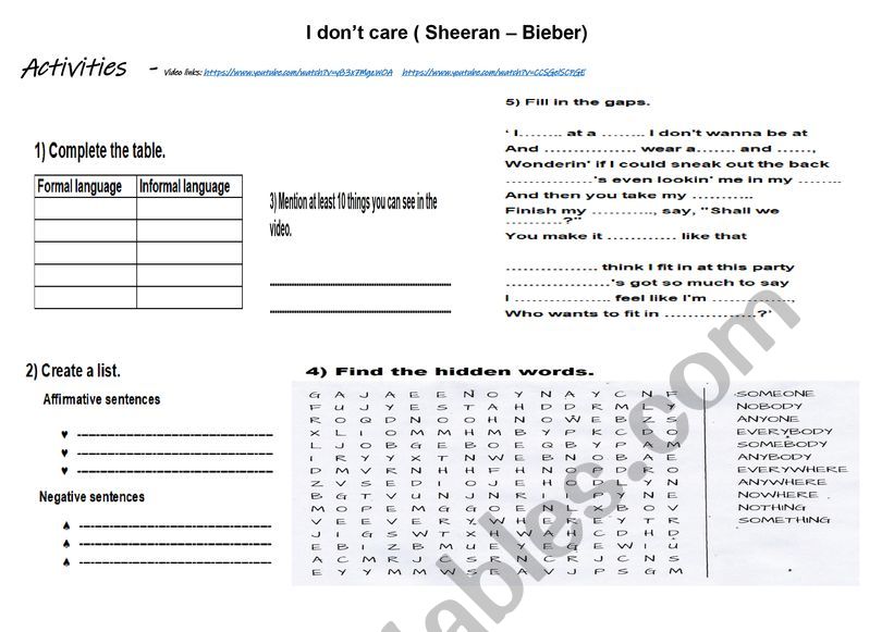 I dont care ( Sheeran - Bieber) - Worksheet 2
