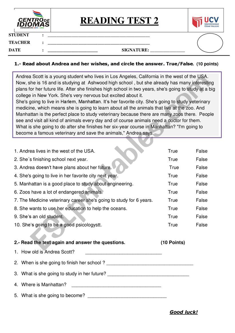 Reading test worksheet