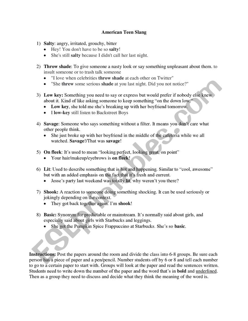 American Teen Slang worksheet