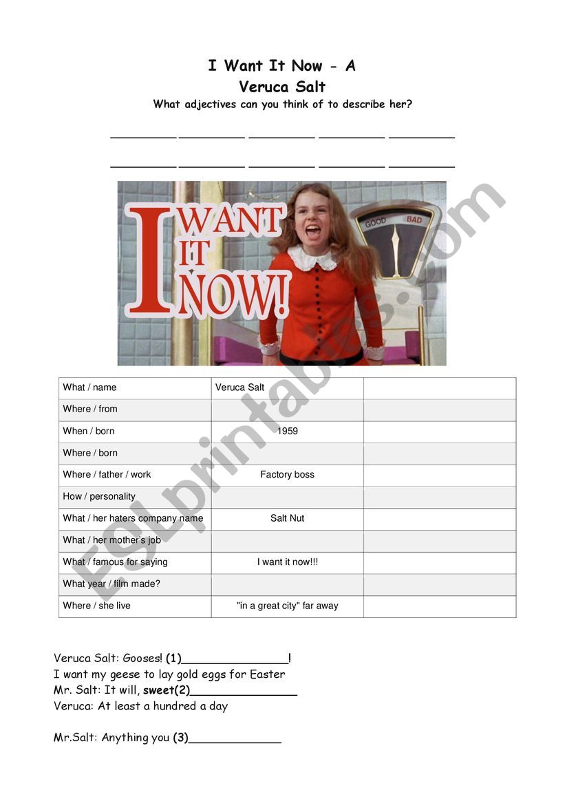 I Want It Now - Veruca Salt worksheet