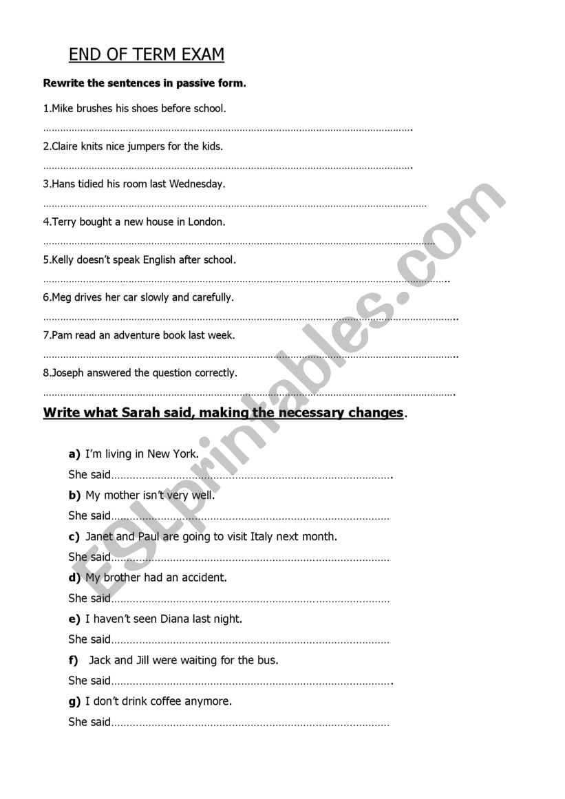 End of Term exam worksheet