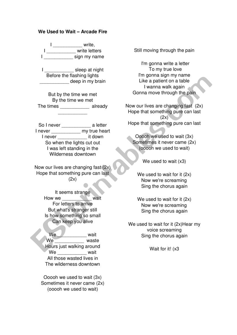 We used to wait- Arcade Fire worksheet