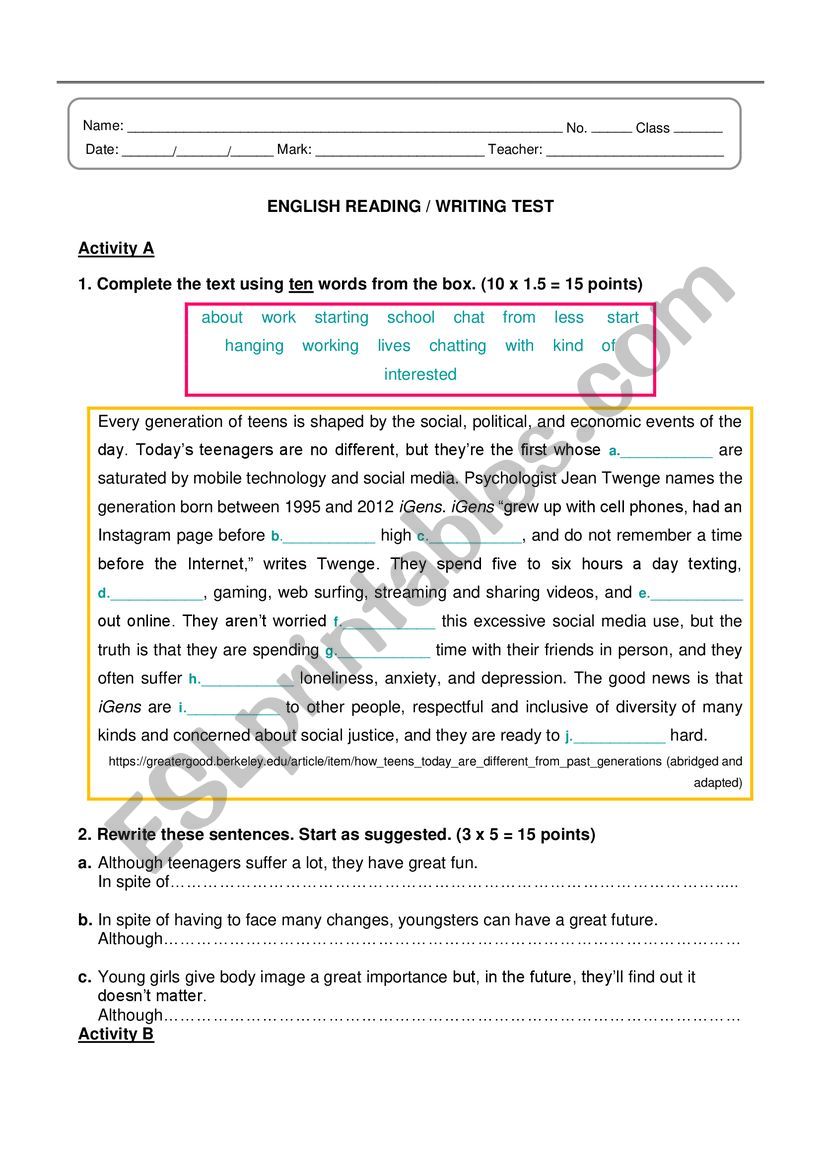 Reading worksheet on the topic 