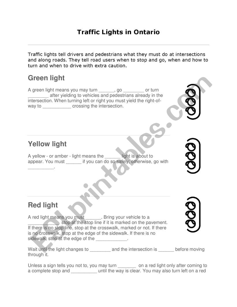 Traffic Lights in Ontario  worksheet