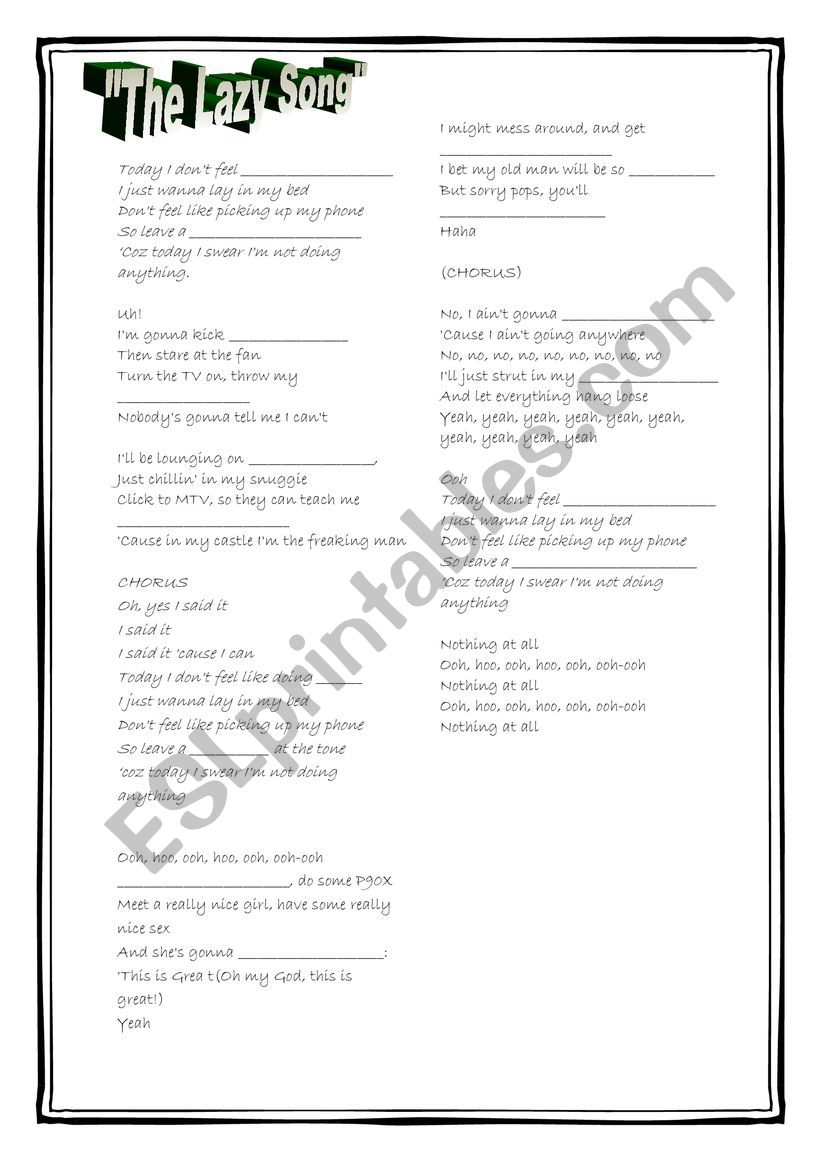 THE LAZY SONG - BRUNO MARS worksheet