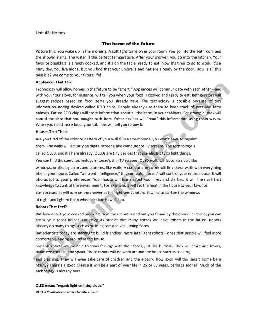 The Home of the Future worksheet