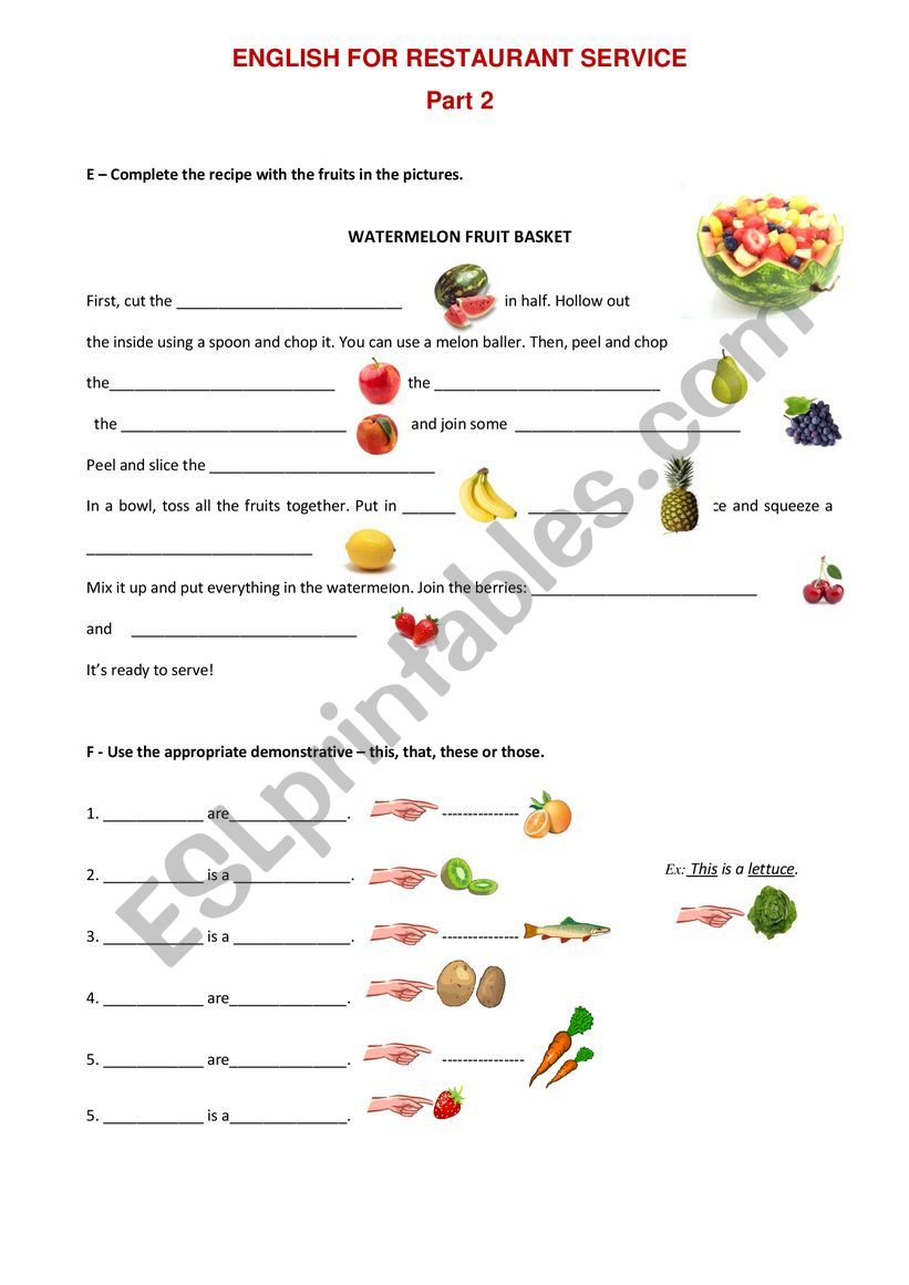 English for restaurant exercises II
