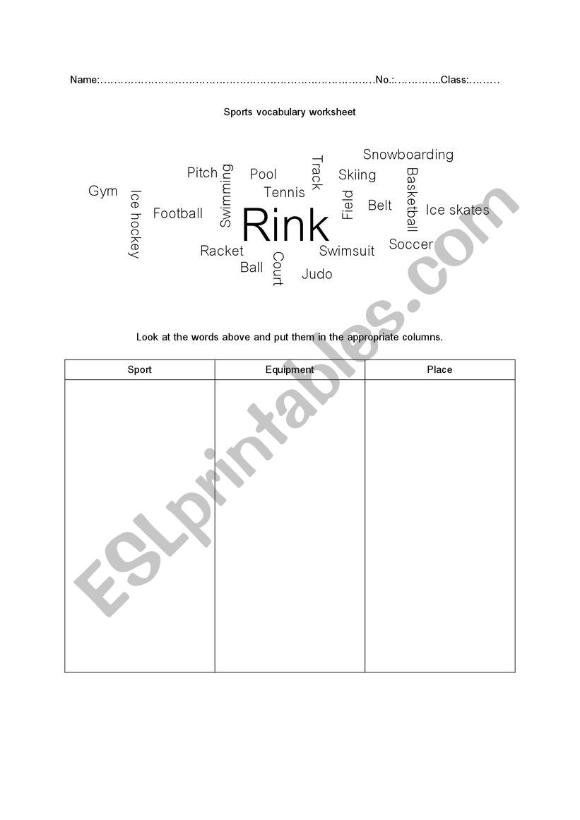 Sports Vocabulary Worksheet worksheet