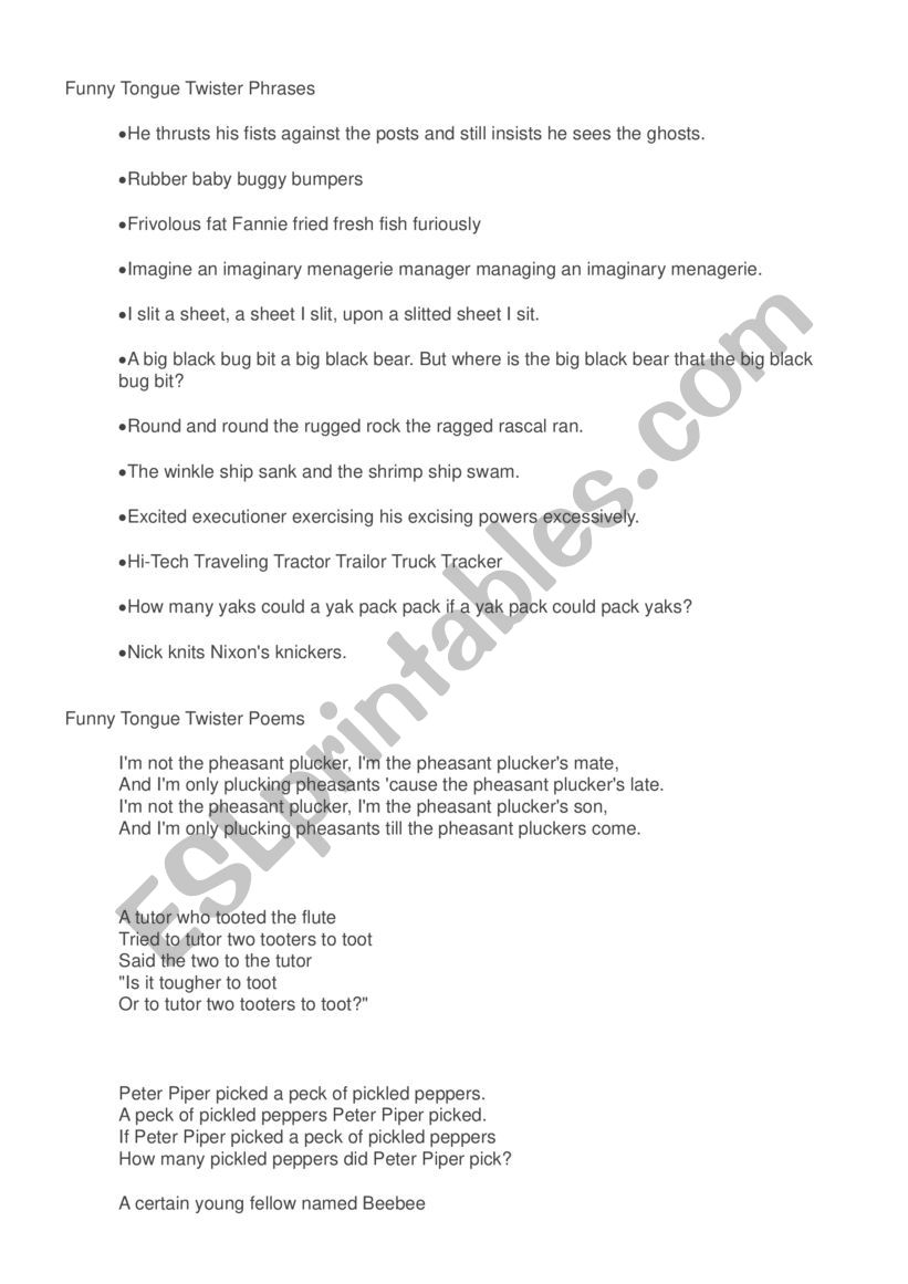 tongue twisters worksheet