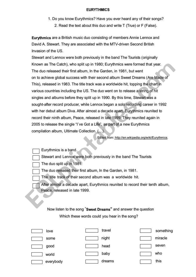 Sweet Dreams Task worksheet