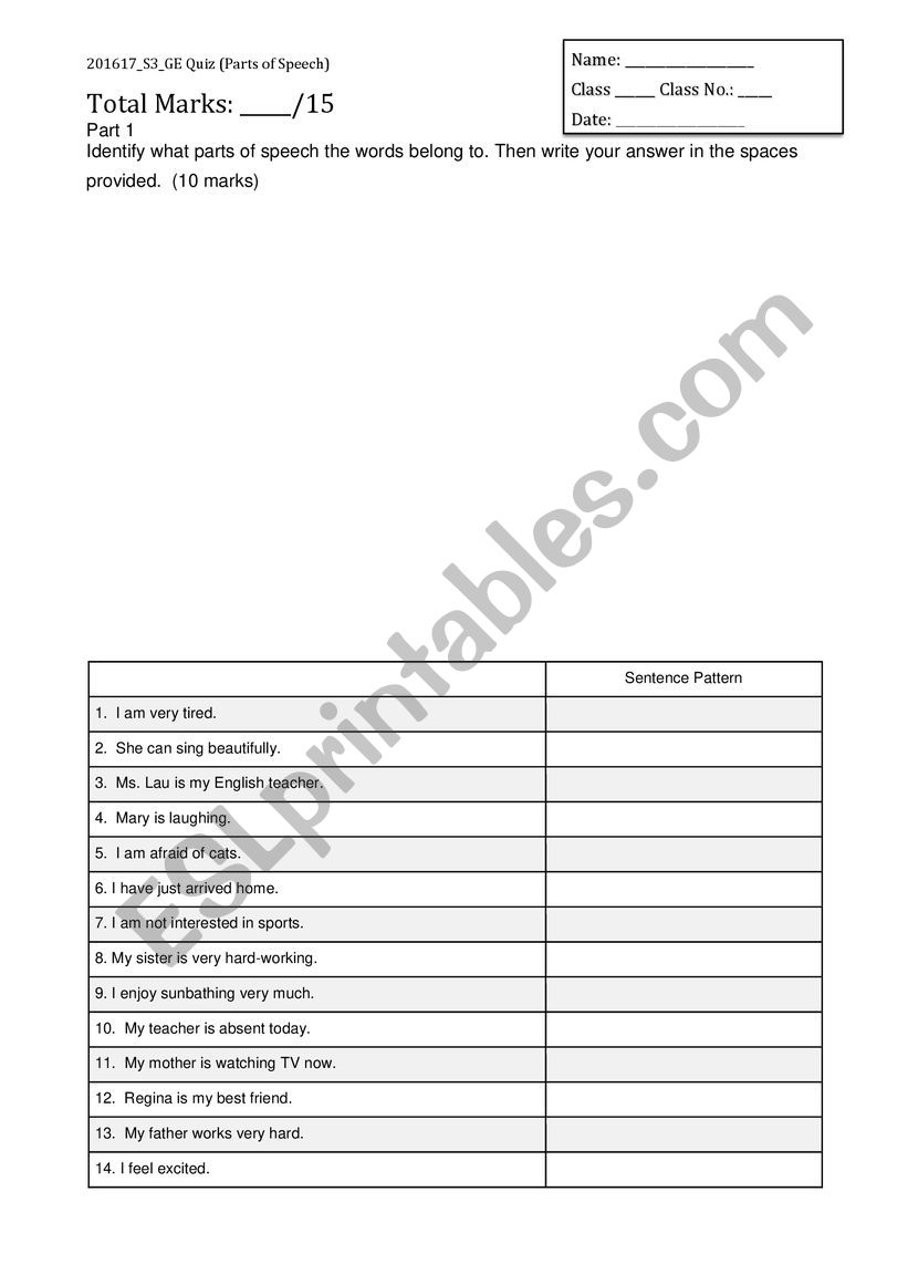 Part of Speech Quiz worksheet