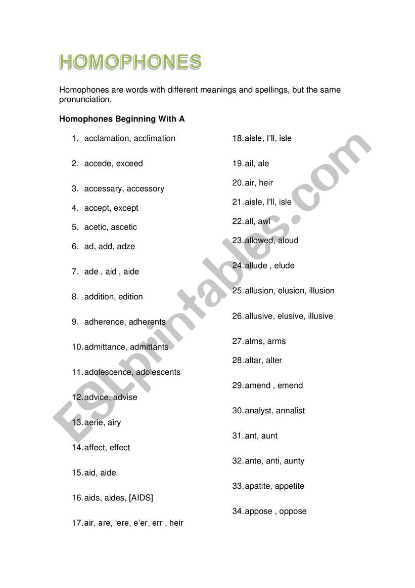 Homophones with A worksheet