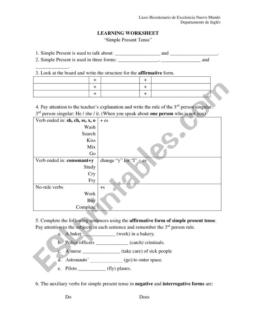 SimplePresent Worksheet worksheet