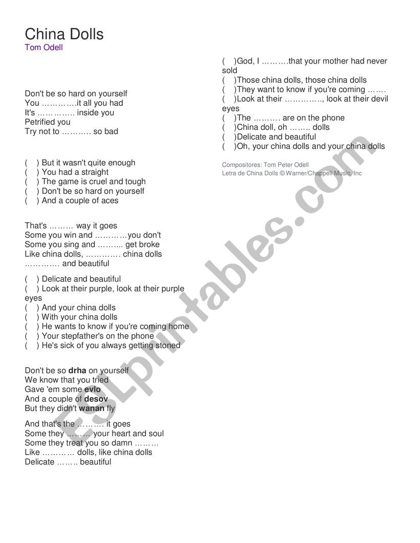 China Dolls song worksheet