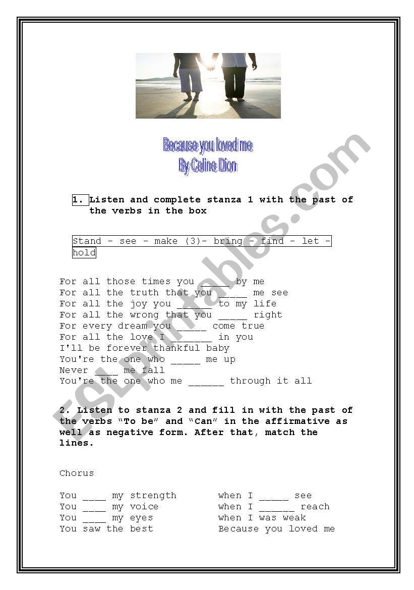 Song: Because you loved me worksheet