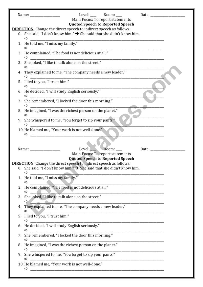 Reported Speech - Statement 1 worksheet