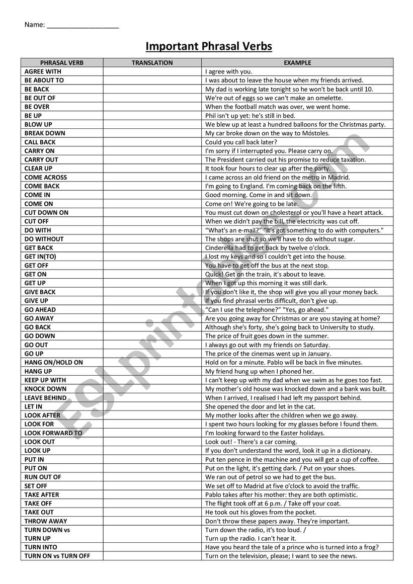 Main Phrasal Verbs worksheet