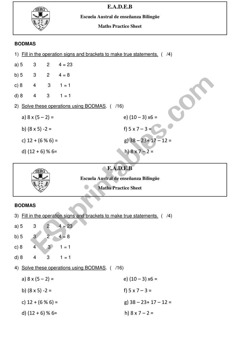 Bodmas test worksheet